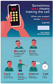 Poster with cell phone and finger pushing 011 and below showing man in green shirt exhibiting signs of stroke.