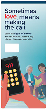 Poster with cell phone and finger pushing 011 and below showing man in green shirt exhibiting signs of stroke.