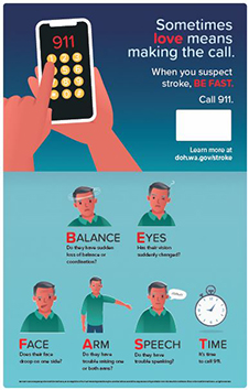 Poster with cell phone and finger pushing 011 and below showing man in green shirt exhibiting signs of stroke.