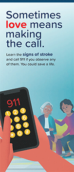 Rack card with text 'Sometimes love means making the call' and image of hand with finger pushing 911.