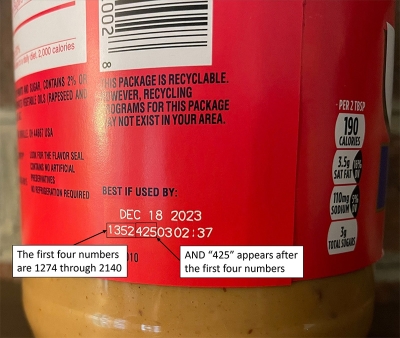 Lot code numbers of the recalled Jif peanut butter have a 425 after the first four numbers.