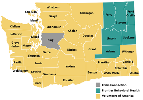 A heat map of Washington state with counties colored according to the crisis call center that will answer calls from their area codes.