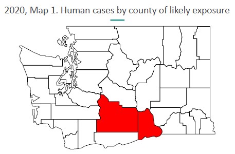 WA map with red section showing county with WNV cases