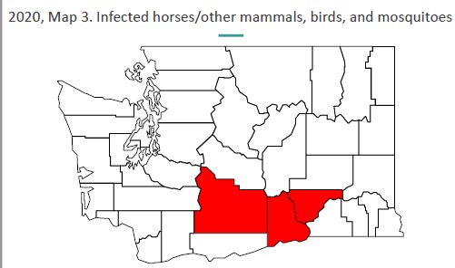 WA map with red section showing county with WNV cases