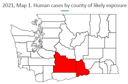 WA map with red section showing county with WNV cases