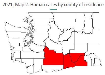 WA map with red section showing county with WNV cases