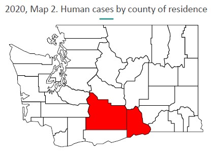 WA map with red section showing county with WNV cases