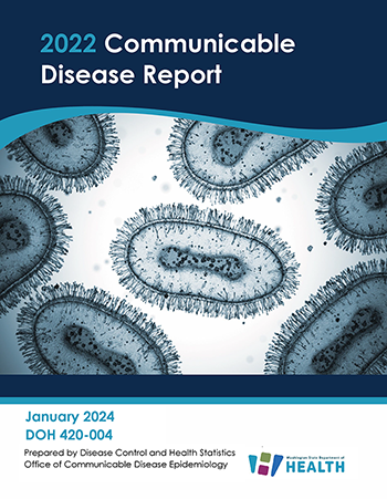 Blue and white image of microbes for Communicable Disease Report.