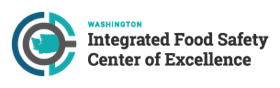 Washington Integrated Food Safety Center of Excellence logo with turquoise image of Washington state and circles around it.