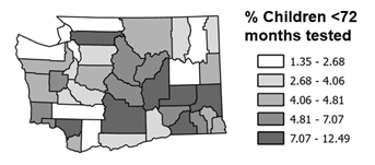 Map of Washington counties shaded by percent of children under 72 months of age that are tested for blood lead levels