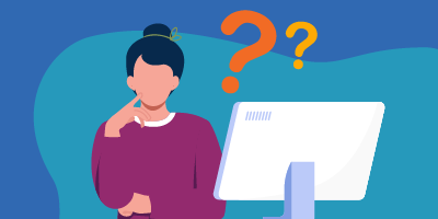 Illustration of a person sitting at computer with questions.