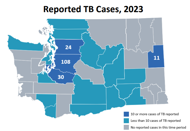 Map of WA counties with TB cases for 2023