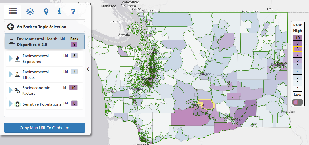 Environmental Health Disparities map with themes displayed in menu