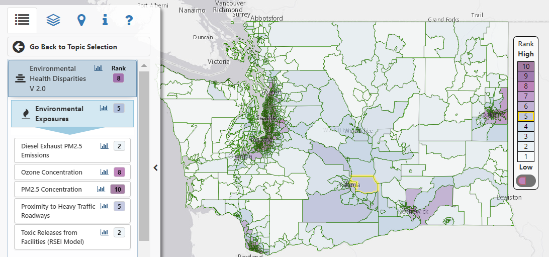 Environmental Health Disparities map with Environmental Exposures theme displayed in menu