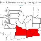 WA map with red section showing county with WNV cases