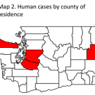 Map of Washington with counties that have cases of red nile virus in red.